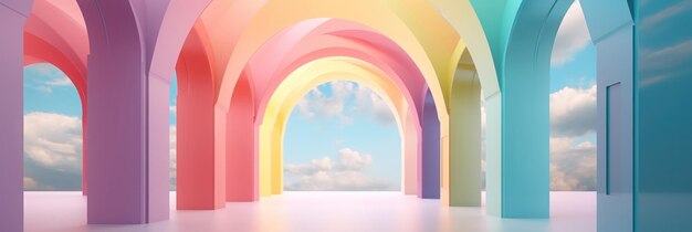 Hermoso corredor colorido abstracto con arco de color sobre un fondo de cielo y nubes Composición de representación 3D Generar AI