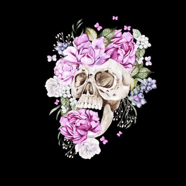 Hermoso cráneo de acuarela con flores de peonía y rosas. Ilustración