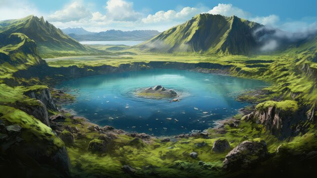 hermoso cráter volcánico lago ilustración vista de la montaña caldera viaje al aire libre bosque hermoso lago cráter volcánica 54