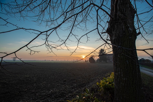 Hermoso crepúsculo en el campo en invierno en el noreste de Italia