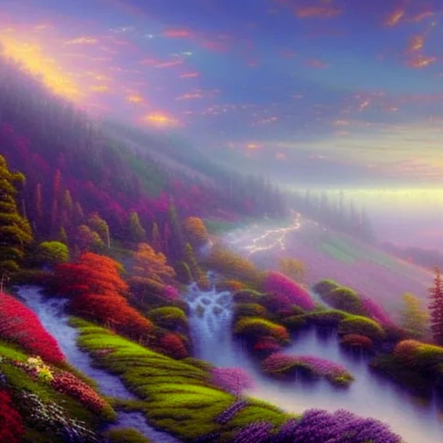 Un hermoso cuadro de montaña adornado con flores de colores.
