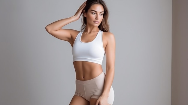 Hermoso cuerpo delgado de mujer joven en ropa interior blanca foto de estudio