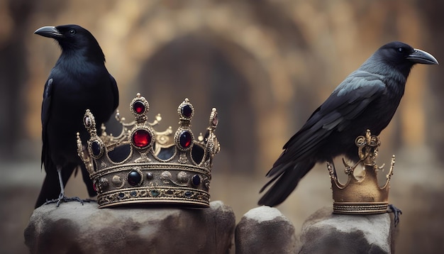 Foto hermoso cuervo con corona y cuervo negro tiempo de fantasía