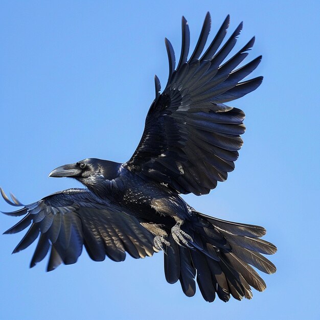 Un hermoso cuervo Corvus corax en vuelo
