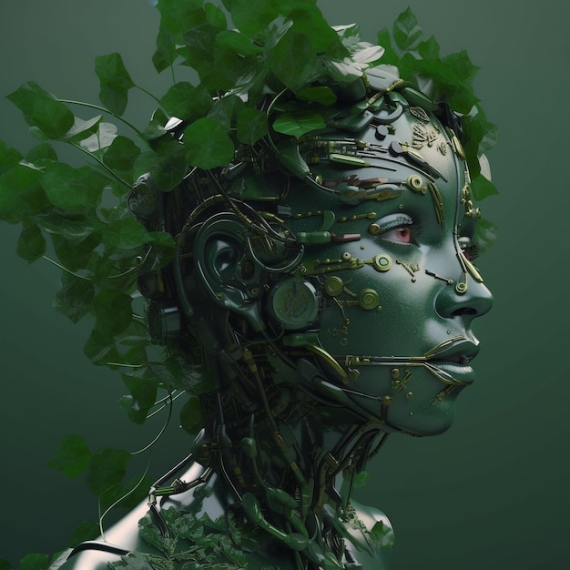 un hermoso cyborg o robot verde con hojas y tecnología de árboles y naturaleza