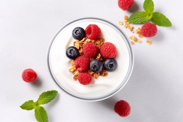 hermoso y delicioso yogur casero fresco con fresas bayas y cereales en un blanco