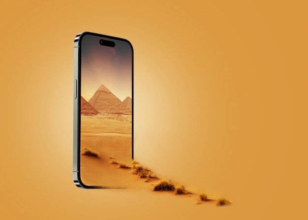 Hermoso desierto con pirámides en Egipto desde la idea creativa de un teléfono inteligente Viaje a África y el concepto del desierto Solicitud y reserva en línea Viajes y vacaciones junto al mar en el desierto