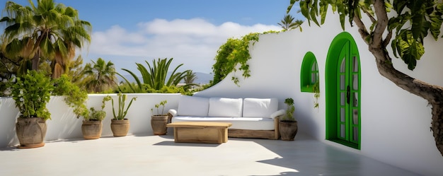 Hermoso detalle arquitectónico con paredes blancas y plantas verdes.