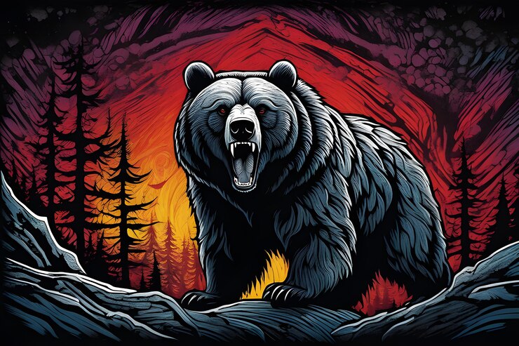 hermoso detalle de color linocuto estilo de arte de un oso pardo gigante mirando seriamente a usted