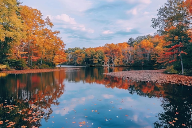 Un hermoso día de otoño con un lago en el fondo