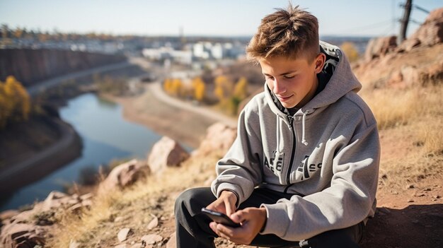 En un hermoso día de primavera un joven con un suéter observa la cantera y el lago mientras sostiene su teléfono en sus manos GENERATE AI