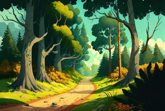 En un hermoso día, una ruta estrecha serpentea a través de un bosque con grandes árboles a ambos lados