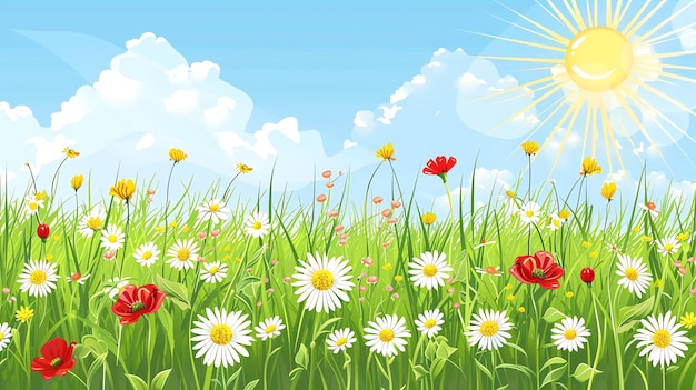 Un hermoso día soleado con un campo de flores silvestres y un cielo azul