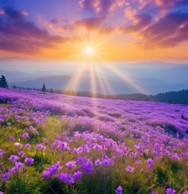 Un hermoso día soleado con flores púrpuras en el estilo de los horizontes de ensueño