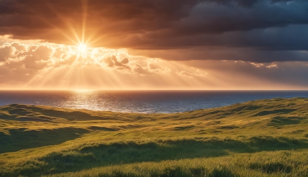 Un hermoso día soleado en la playa con un sol brillante brillando a través de las nubes proyectando un brillo cálido sobre el océano y el campo verde exuberante