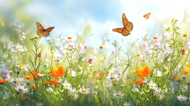 Un hermoso día de verano en un campo de flores silvestres el sol está brillando y las mariposas están revoloteando en la brisa