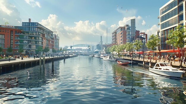 Un hermoso día de verano en la ciudad Un amplio río fluye a través del centro de la ciudad con un paseo marítimo a cada lado