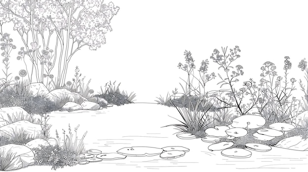 Foto un hermoso dibujo de un estanque natural con pads de lirio y una variedad de plantas y flores que crecen a lo largo de la orilla