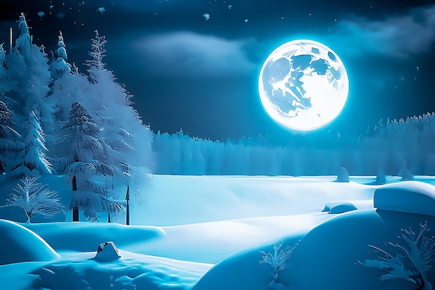 Un hermoso dibujo de un paisaje de invierno nevado con una luna llena brillante y nevadas