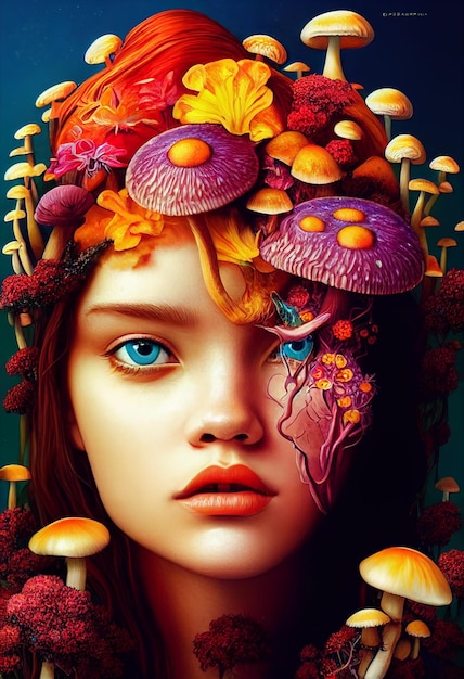 Hermoso dibujo de retrato de una joven con hongos creciendo de su cabeza