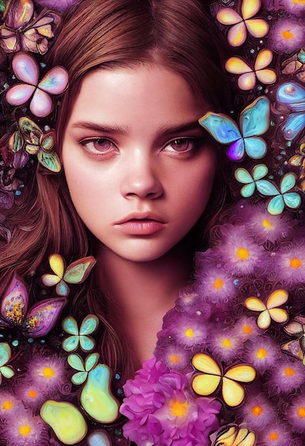 Hermoso dibujo de retrato de niña cubierta de flores y mariposas estilo surrealismo