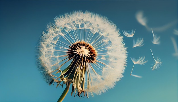 Hermoso diente de león con semillas soplando el cielo azul en el fondo