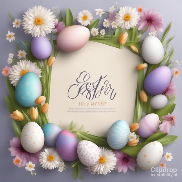 Hermoso diseño floral colorido con huevos de Pascua y flores rosas y blancas sobre blanco.