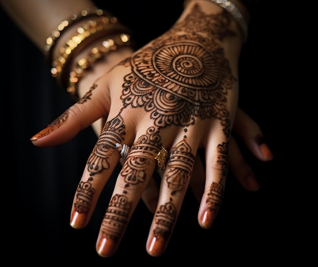 Un hermoso diseño de henna que adorna la mano de una mujer.