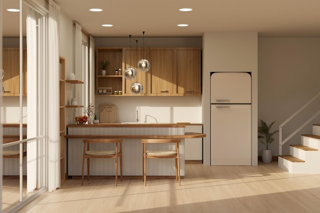 Hermoso diseño interior de cocina escandinava en estilo de material blanco y madera