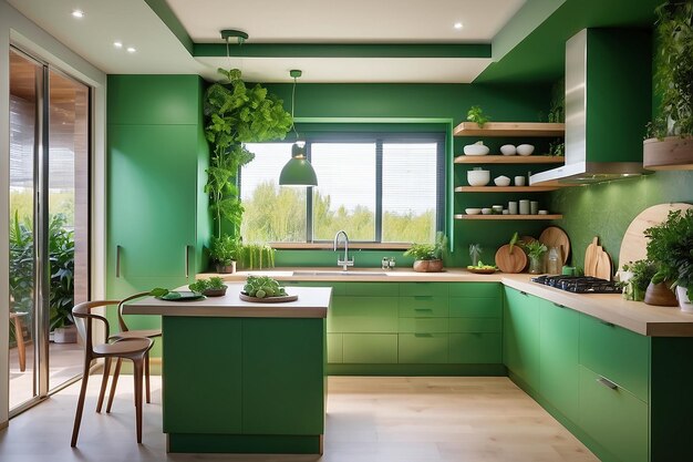 Foto hermoso diseño interior de cocina verde