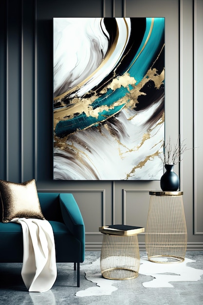Hermoso diseño interior con sillón y pintura mural ablstract en colores blanco, azul y dorado Generative Ai