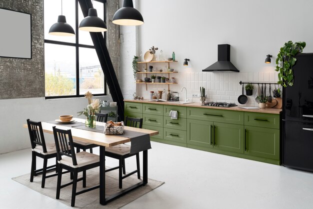 Hermoso diseño de interiores de cocina verde