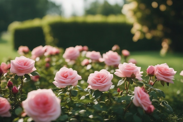 Hermoso diseño de paisaje con un arbusto de rosa en un césped verde