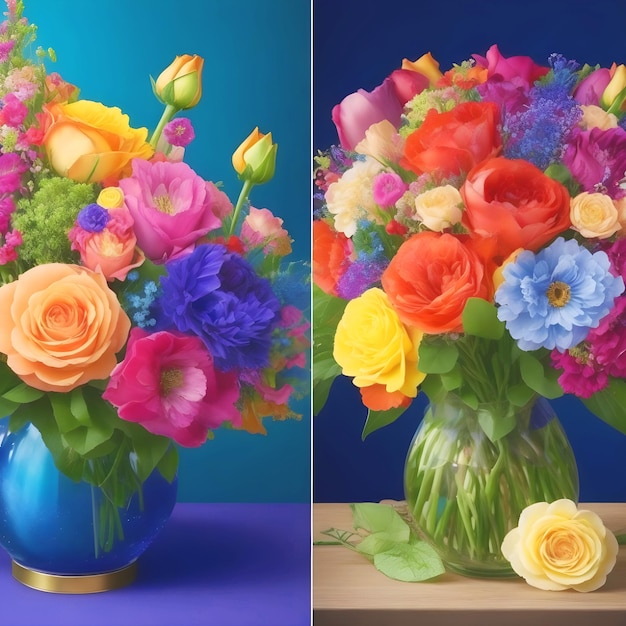 Hermoso diseño de ramo de flores establece imágenes con diferentes colores del arco iris florero AI Generar