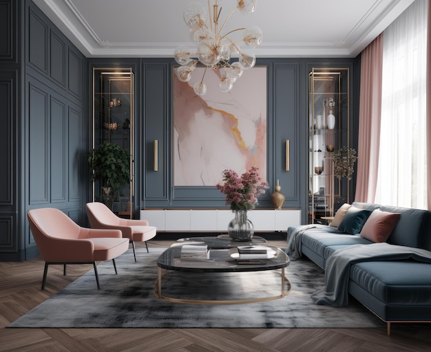 Hermoso diseño de sala de estar con pared de vidrio IA generativa