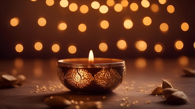 Hermoso diwali diya en la mesa con fondo bokeh