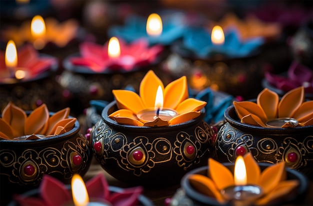 Foto hermoso diwali diya con velas encendidas sobre fondo oscuro