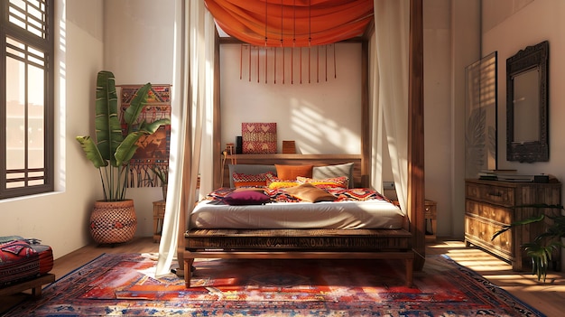 Foto un hermoso dormitorio con una cama de cuatro postes una alfombra de colores y un área de estar