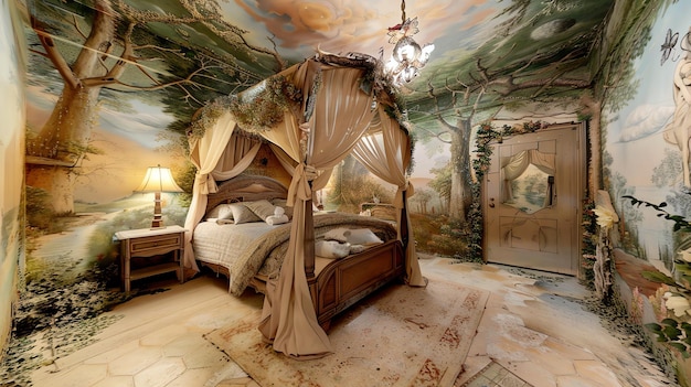 Foto un hermoso dormitorio con un mural del bosque en las paredes y el techo la cama tiene un marco de madera con un dosel de color crema