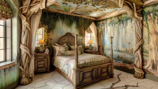 Un hermoso dormitorio con un tema de bosque Las paredes están pintadas con una escena de bosque y la cama tiene un dosel de madera que parece un árbol