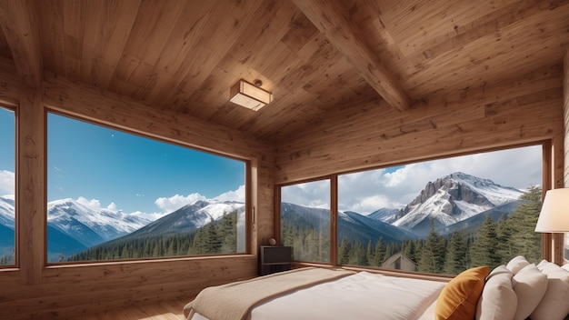 Un Hermoso Dormitorio Con Vista A Las Montañas Y El Cielo AI Generativo