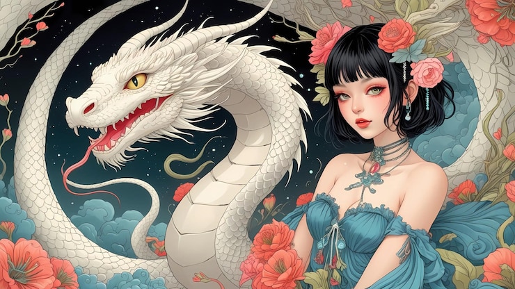 hermoso dragón blanco como cuerpo de serpiente con hermosa mujer de estilo anime