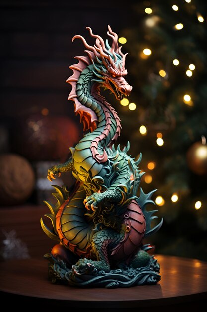 Hermoso dragón en el fondo de un árbol de Navidad Año Nuevo