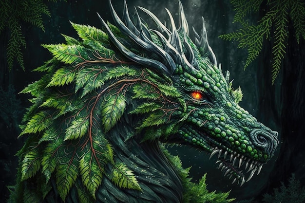 Hermoso dragón místico del bosque con piel verde y ojos ardientes creado con ai generativo