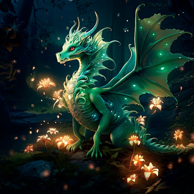 Un hermoso dragón verde en un bosque de hadas con flores luminosas generadas ai