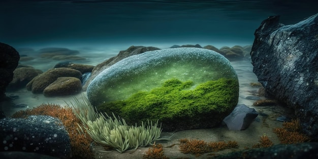 Hermoso ecosistema de musgo marino con algas verdes marinas en piedra  mojada en agua algas marinas cubiertas piedra azul