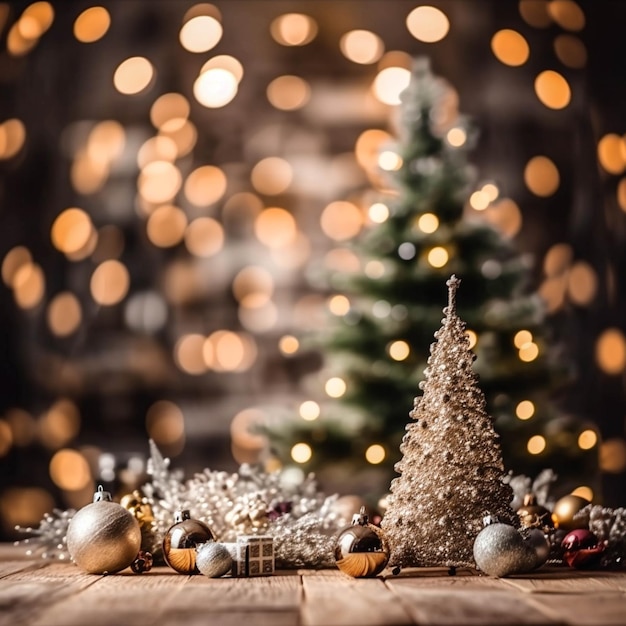 Hermoso y elegante árbol de Navidad con bolas doradas sobre una mesa de madera con un fondo de luz borroso