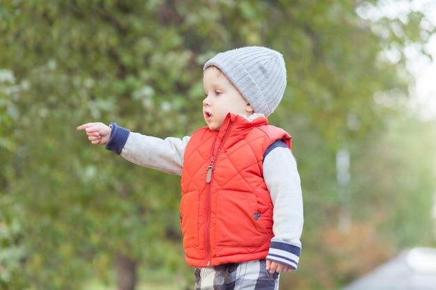 Hermoso y elegante niño de 2 años caminando en hojas caídas - escena de otoño. Los niños pequeños se divierten al aire libre en el parque amarillo de otoño