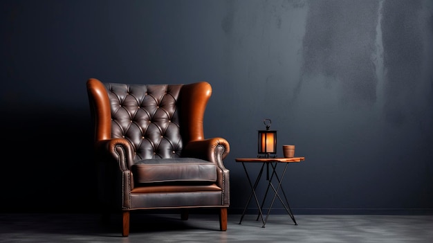 Un hermoso y elegante sillón de cuero marrón frente a una pared vacía de color gris oscuro AI generativa