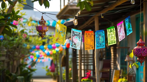 Un hermoso espacio al aire libre está decorado con coloridas banderas de papel y linternas